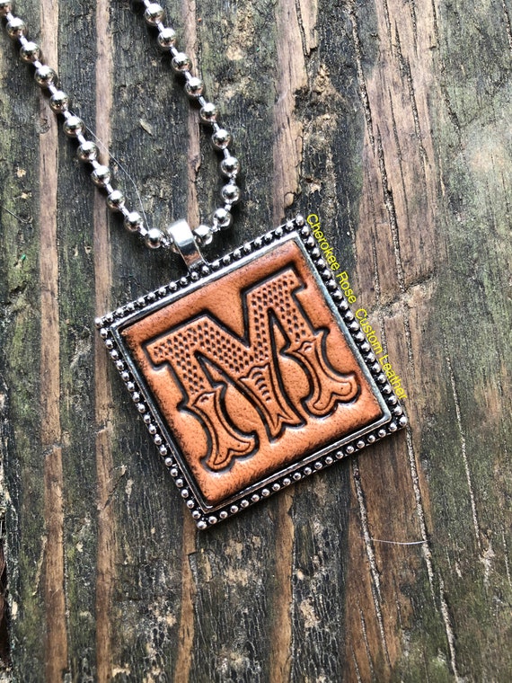 Western Block Letter M Initial Leather Pendant Necklace Leather