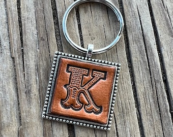 Western Block Initial &#39;K&#39; Leather Keychain