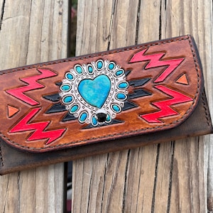Tribal Turquoise Heart 3 Card Ladies Clutch Wallet, Handmade Real Leather Wallet, Southwestern, Original Design