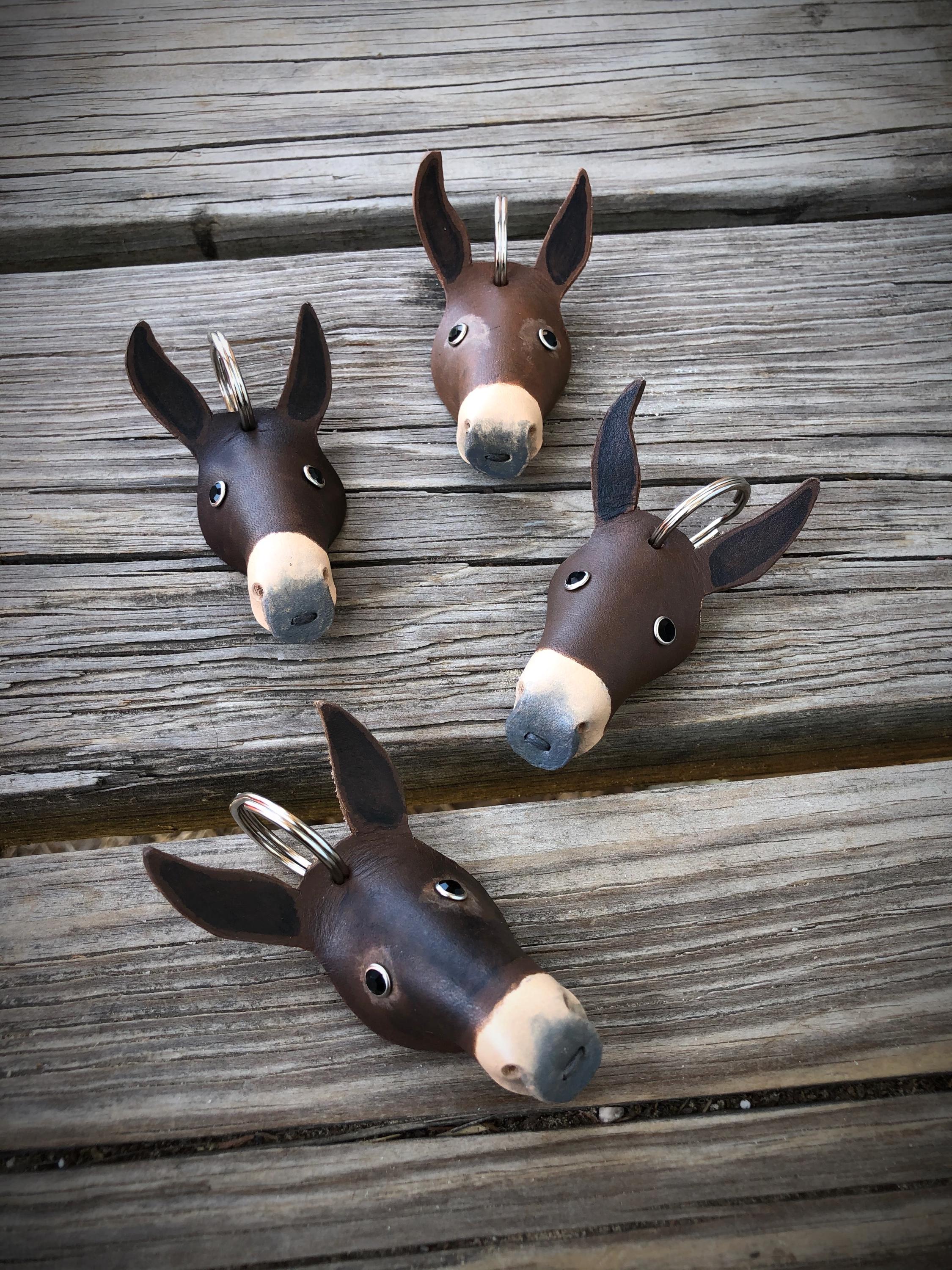 Leather Mule Keychain, Hand Painted Longear Mule Head, Mule Lover Gift
