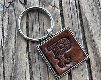 Western Block Initial 'P' Leather Keychain