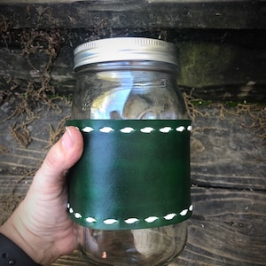 Hand Dyed Leather Mason Jar Cozie: Emerald Green Buckstitch Drinkware