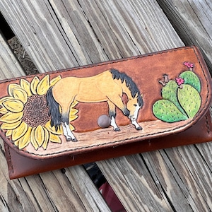 Custom Leather Hand Painted Buckskin Horse 3 Card Ladies Clutch Wallet Real Cowhide Leather