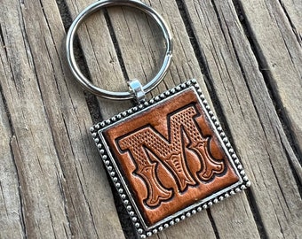 Western Block Initial &#39;M&#39; Leather Keychain