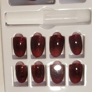 Red Ombre French Metallic Tip Short Natural Oval Press Ons Nail Tips (24 Count) DIY Mani Kit