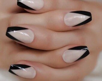 Black Short Coffin French Tip Press On Nail Set Fake Nails Etsy Black Short Coffin French Tip Press On Nail Set Fake Nails Etsy