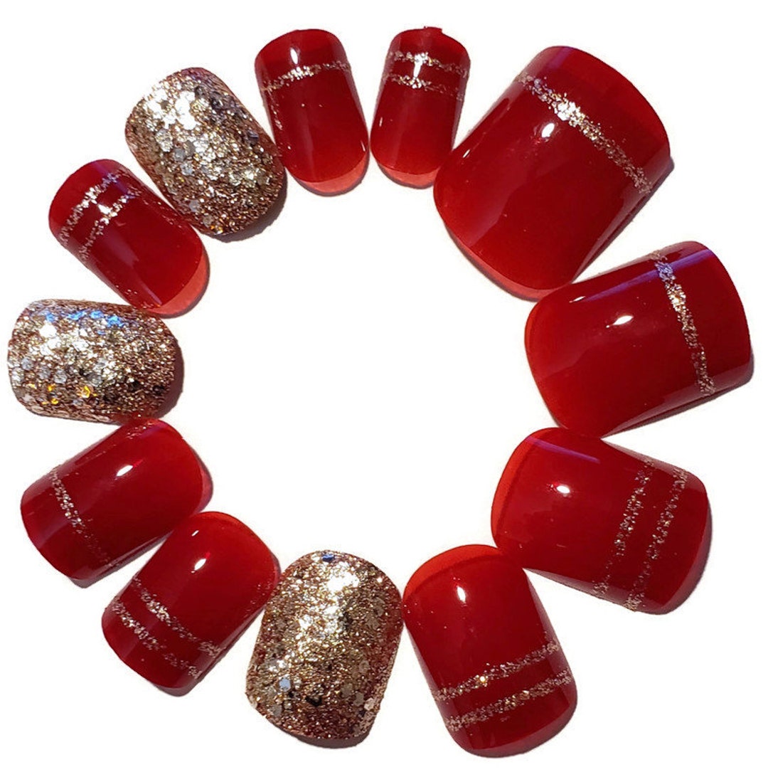 JR Red & Silvergold Glitter Short Round Press On/glue on Etsy