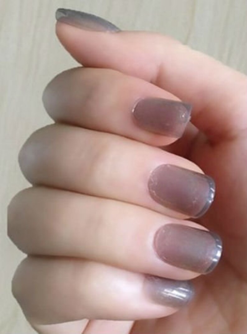 Sheer Finish Deep Grey Color Short Round Press On Nail Tips Etsy