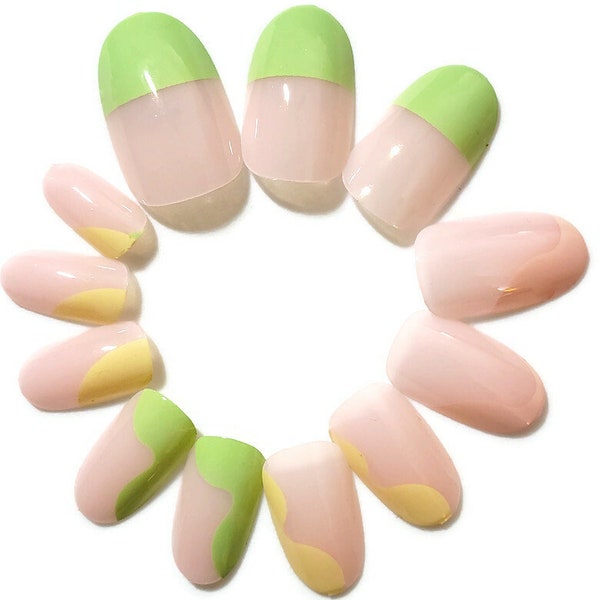 JR Pastel Colors Paint Drip French Tip Medium Natural Oval Press On/Glue On Nails (24 Count) DIY Mani Kit