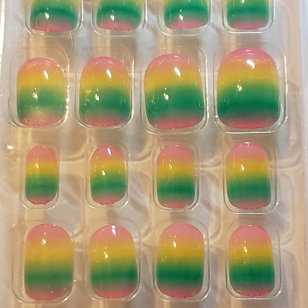 JR Pastel Rainbow Ombre Kids/Novelty Round Press On/Glue On Nails (24 Count) DIY Mani Kit