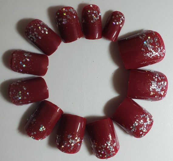 Red W/glitter Accent Short Round Press on Nail Tips 24 Count - Etsy