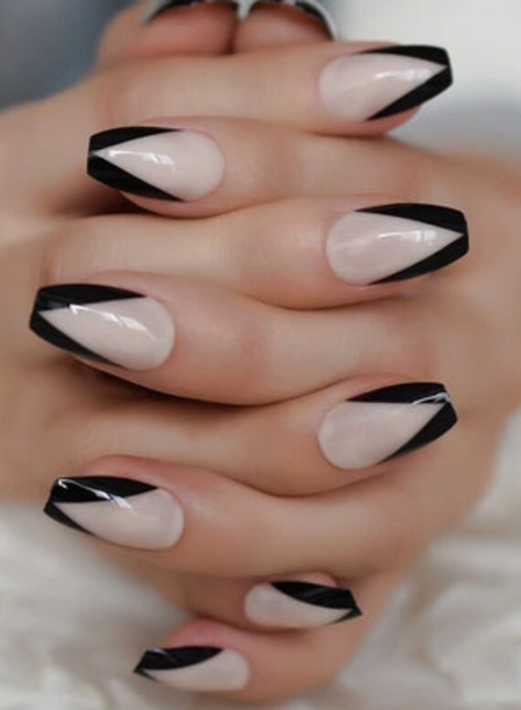 Black French Tip Coffin Medium Press On Nail Tips 24 Count Etsy