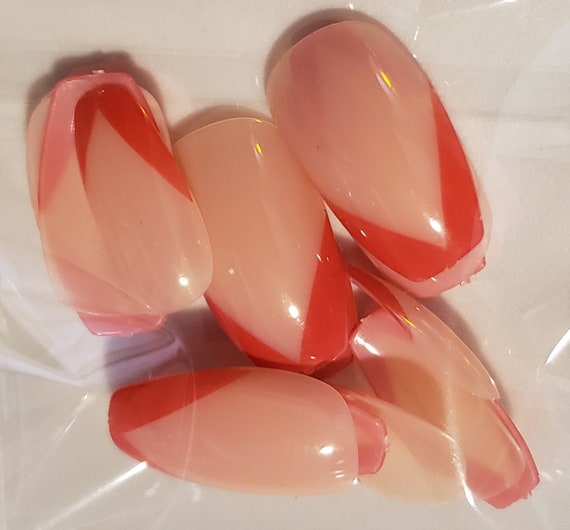 Red French Tip Coffin Acrylic Medium Press On Nail Tips 24 Etsy Australia