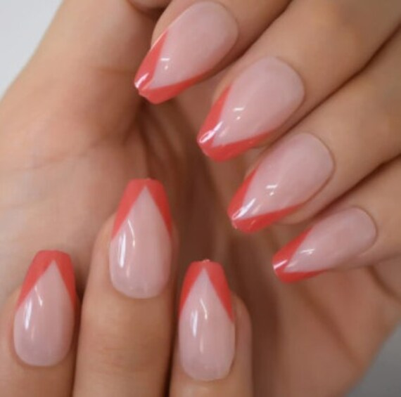 Red French Tip Coffin Acrylic Medium Press On Nail Tips 24 Etsy