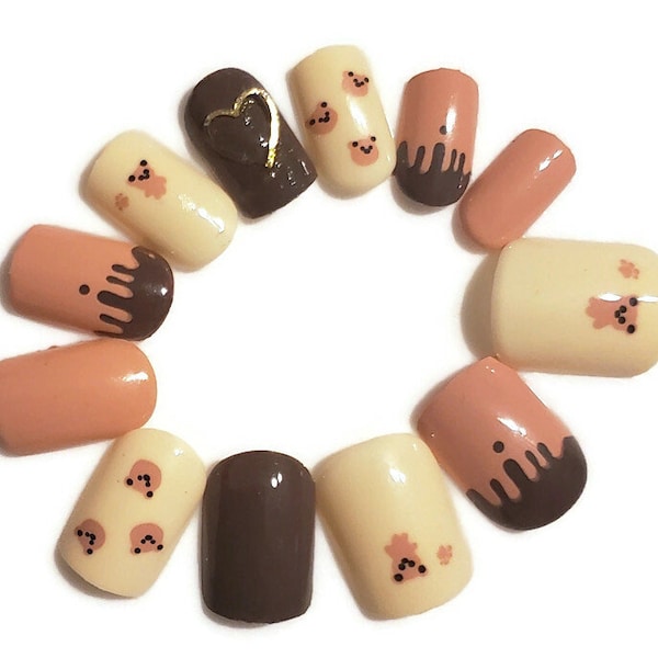 JR Bears, Hearts & Ice Cream Print Short Small Size Round Press On/Glue On Nails (24 Count) DIY Mani Kit