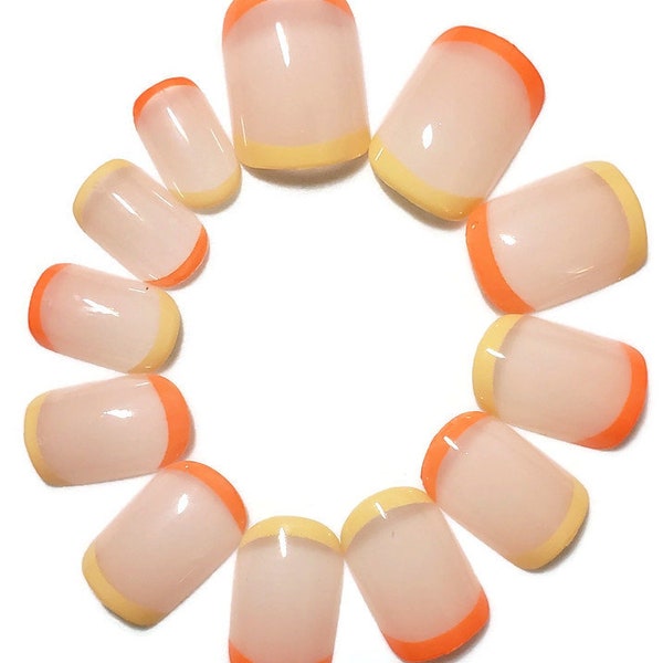 JR Orange & Yellow Base and Tip French Tip Short Natural Round Press On/Glue On Nails (24 Count) DIY Mani Kit