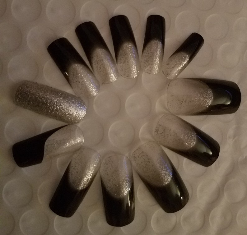 Silver Glitter and Black French Tip Long Length Acrylic-Nail | Etsy