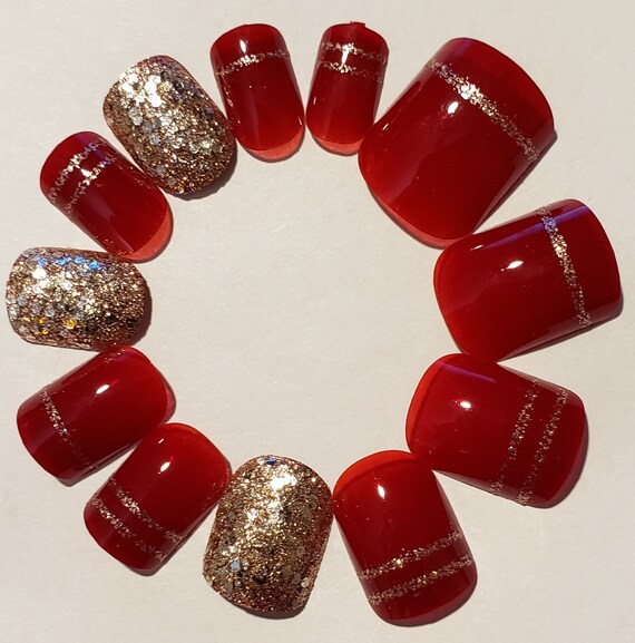 Red Silver Gold Glitter Short Round Press On Nail Tips 24 Etsy