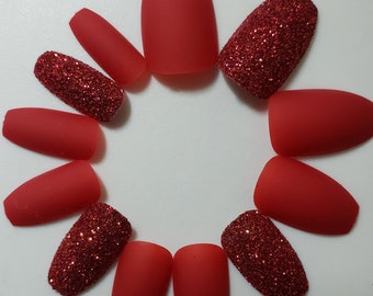 Coffin Red Matte & Glitter  Nail Short Length Tips (24 Count)