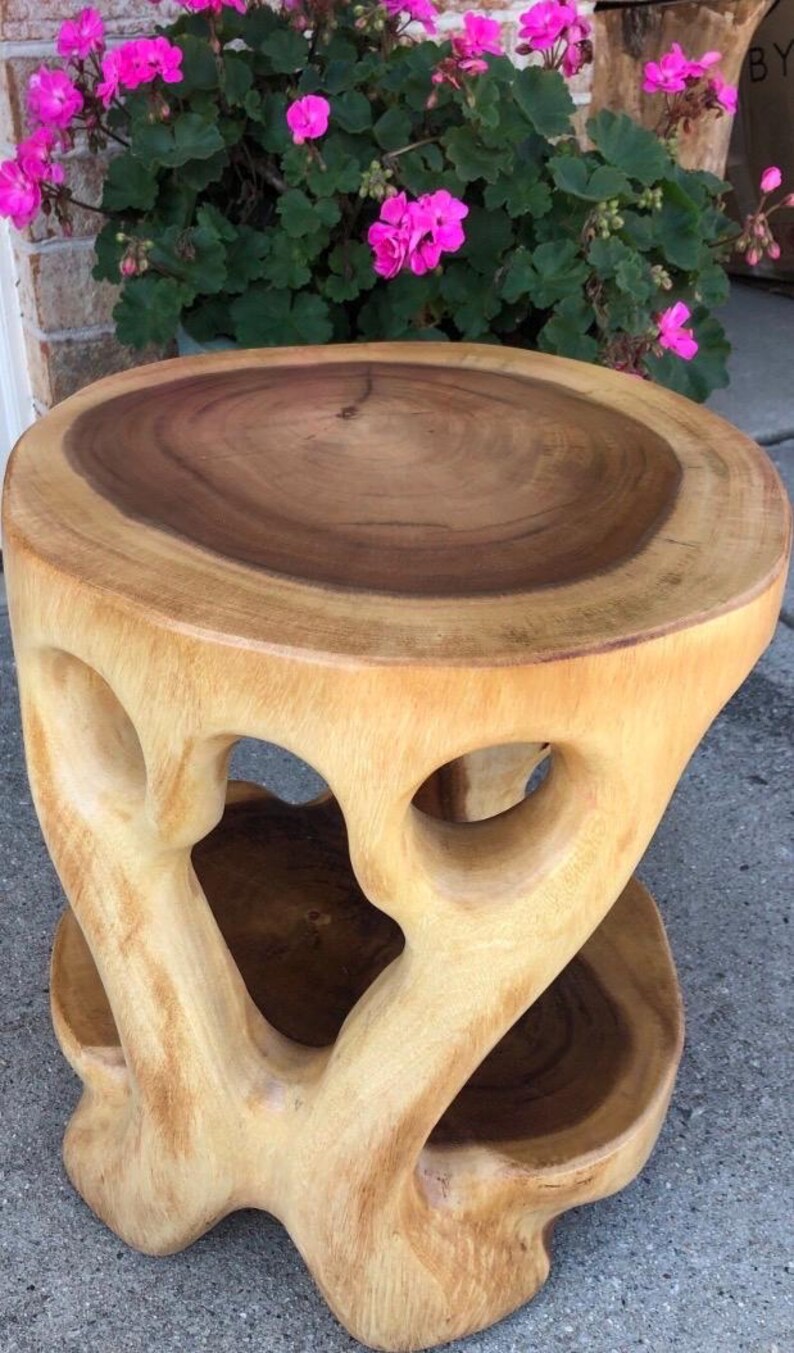 Carved Teak Wood Stump Side Table: Rustic Tree Root Accent Stool Plant ...