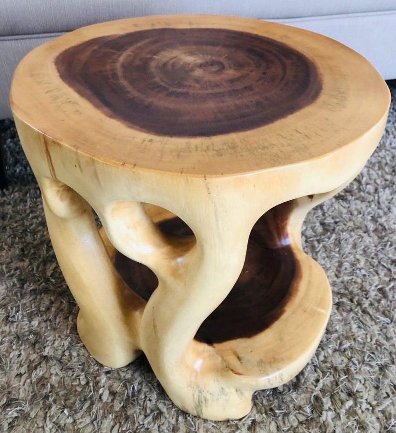 Carved Teak Wood Stump Side Table: Rustic Tree Root Accent Stool Plant ...