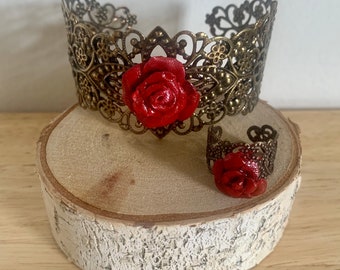Clay Rose Filigree Bracelet Cuff and Ring Set | Adjustable
