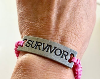 Pink Macrame “Survivor” Adjustable Bracelet with Handmade Clay Beads | Macrame Bracelet | Breast Cancer Awareness