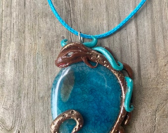 Clay Dragon on Aqua Dyed Fire Agate Pendant Necklace | Dragon Pendant