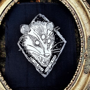 Opossum patch - 3 eyed opossum screaming - eat the rich, feed the poor - original design printed on canvas