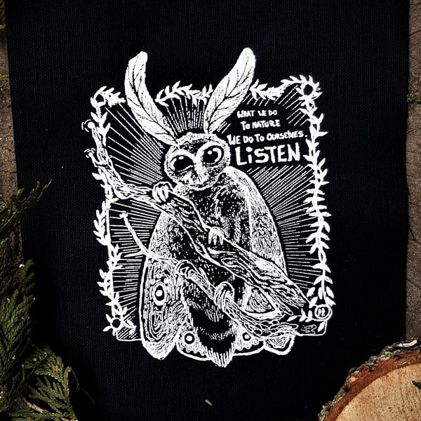 Moth creature patch- Dark fantasy- What we do to nature, we do to ourselves - original design printed on black fabric