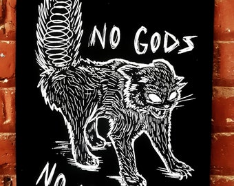 Übergroßer Rückenaufnäher – Banner – Keine Götter, keine Meister – Punk-Kätzchen-Aufnäher – Originaldesign gedruckt auf 12x17'' Leinwand