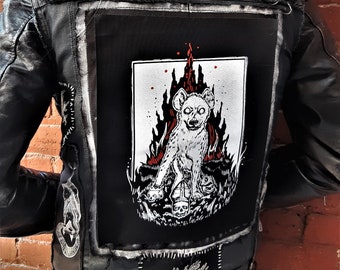Hyena Backpatch - Pope, King and Cop skulls with flames - Black, white and red ink - Punk patch- original design screenprinted on canvas