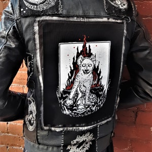 Hyena Backpatch - Pope, King and Cop skulls with flames - Black, white and red ink - Punk patch- original design screenprinted on canvas