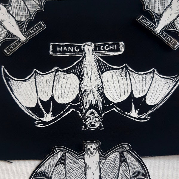 Hang tight bat patch -  Flying fox on branch - original design printed on canvas