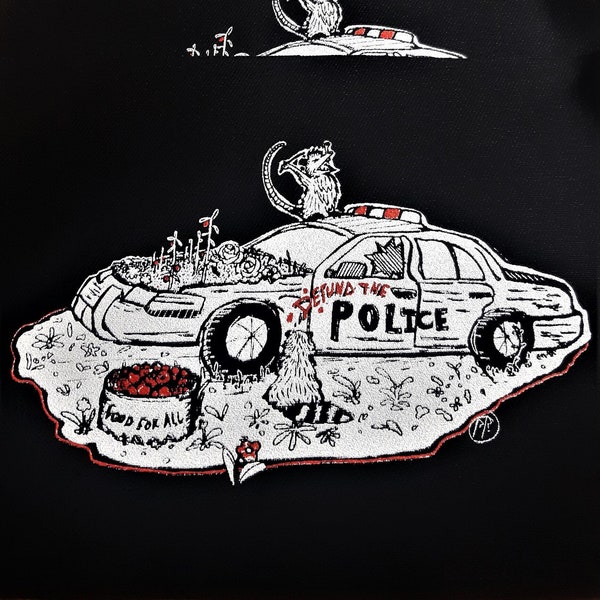 Anarchist critters on a police car - Food for all - Defund the police - Black, white and red ink - original design screenprinted on canvas