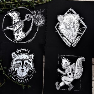 Trash punk critter patches bundle - Pack of 4 folk punk opossums and racoon - original art screen printed on black canvas