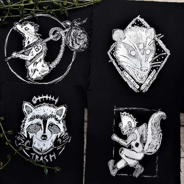 Trash punk critter patches bundle - Pack of 4 folk punk opossums and racoon - original art screen printed on black canvas