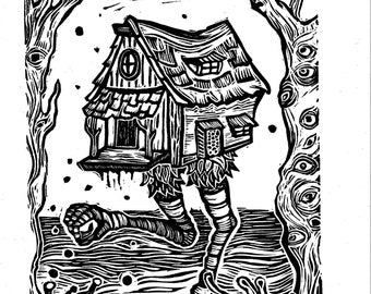 Baba yaga hut print- Witch Russian tale inspired cabin with chicken legs- Linocut hand printed on paper - original art