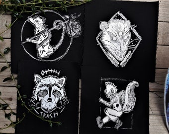 Trash punk critter patches bundle - Pack of 4 folk punk opossums and racoon - original art screen printed on black canvas