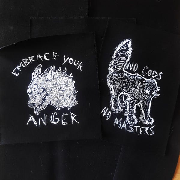 Patches bundle (2) - Feral Wolf and cat - Embrace your anger- No god no masters - 6x7 inches duo - Screenprinting on black fabric
