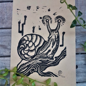 Snail mini print- snail linocut print on paper - Cottagecore diy art