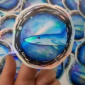 Holographic blue shark sticker  - original watercolor art