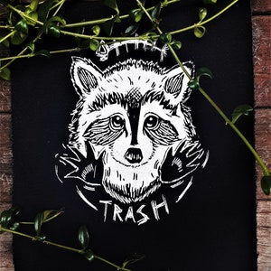 Cute racoon patch - Trash hands with dead fish - original design printed on black cotton canvas