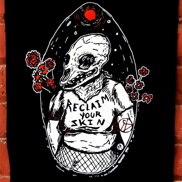 Seal skull pro choice feminist patch - Selkie Reclaim your skin - Black, white and red ink - Punk original design screenprinted on canvas