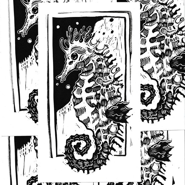 Sea horse print- Dark sea critter- Linocut hand printed on paper - original art