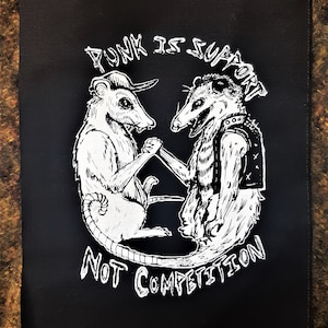 Punk is support not competition backpatch - rat and opossum - Punk patch - Screen printing on black fabric