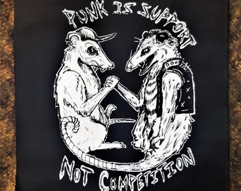 Punk is support not competition backpatch - rat and opossum - Punk patch - Screen printing on black fabric