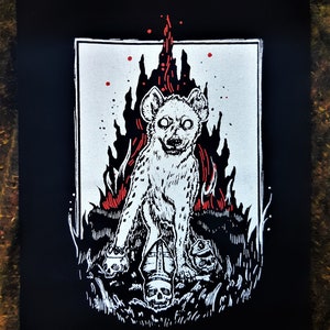 Hyena patch - Pope, King and Cop skulls with flames - Black, white and red ink - Punk patch- original design screenprinted on canvas