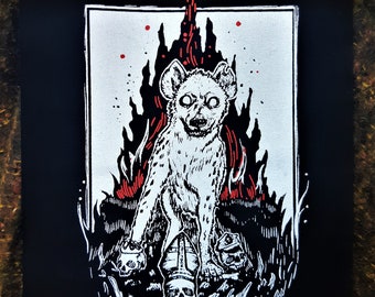 Hyena patch - Pope, King and Cop skulls with flames - Black, white and red ink - Punk patch- original design screenprinted on canvas