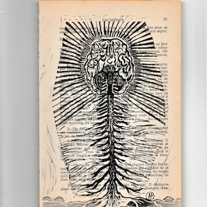 Zerebrale Natur - Gehirn-Nervensystem Linolschnittdruck auf Buchseite - DIY Dark Art